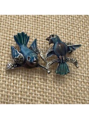 Vintage Enamel Bluebird Brooch With Rhinestone Accents On Silver Branch Design